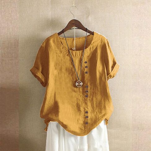 Linen Button Down Shirt Women Summer Casual Short Sleeve Crewneck Blouse Cotton Gauze Tops for Womens in Saudi Arabia