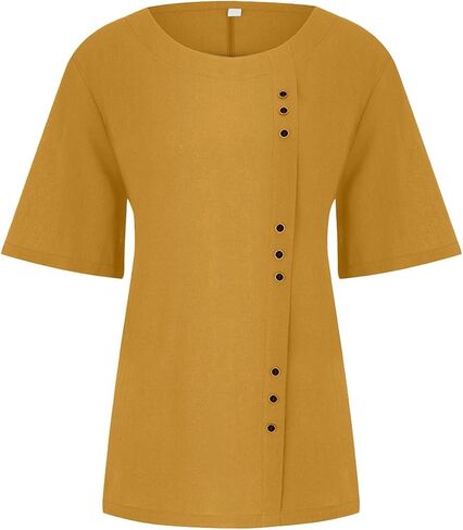 Linen Button Down Shirt Women Summer Casual Short Sleeve Crewneck Blouse Cotton Gauze Tops for Womens in Saudi Arabia