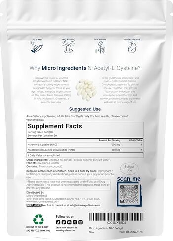 NAC 600mg مع NAD+، 150 Coconut MCT Oil Softgels | ن acetyl l cysteine و nicotinamide نماذج لامتصاص أفضل | مضادات الأكسدة ملحق | يعزز الطاقة والشيخوخة الشباب | غير المعدلة وراثيا in Saudi Arabia