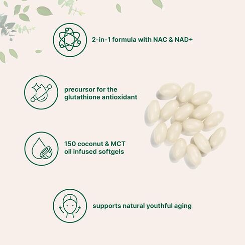 NAC 600mg مع NAD+، 150 Coconut MCT Oil Softgels | ن acetyl l cysteine و nicotinamide نماذج لامتصاص أفضل | مضادات الأكسدة ملحق | يعزز الطاقة والشيخوخة الشباب | غير المعدلة وراثيا in Saudi Arabia