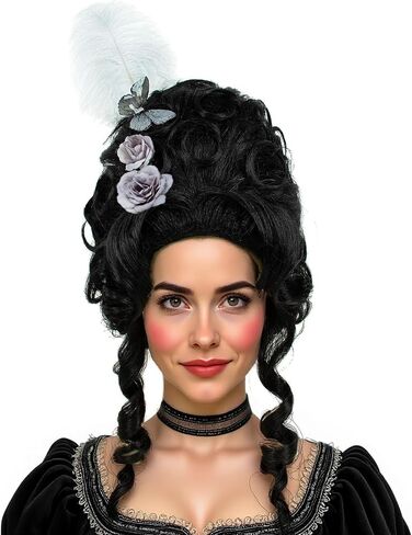 R reewes Haird Hair Beehive Wig على الطراز الفيكتوري الأسود القصيرة البارلي القصيرة مع ريشة بيضاء ، وردة وملحقات الفراشة كوين كوزبلاي أزياء أزياء الهالوين للنساء in Kuwait