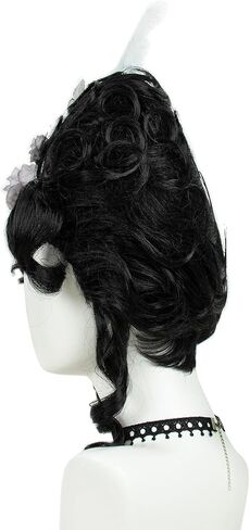 R reewes Haird Hair Beehive Wig على الطراز الفيكتوري الأسود القصيرة البارلي القصيرة مع ريشة بيضاء ، وردة وملحقات الفراشة كوين كوزبلاي أزياء أزياء الهالوين للنساء in Kuwait