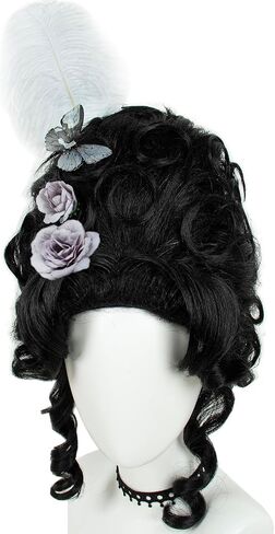 R reewes Haird Hair Beehive Wig على الطراز الفيكتوري الأسود القصيرة البارلي القصيرة مع ريشة بيضاء ، وردة وملحقات الفراشة كوين كوزبلاي أزياء أزياء الهالوين للنساء in Kuwait