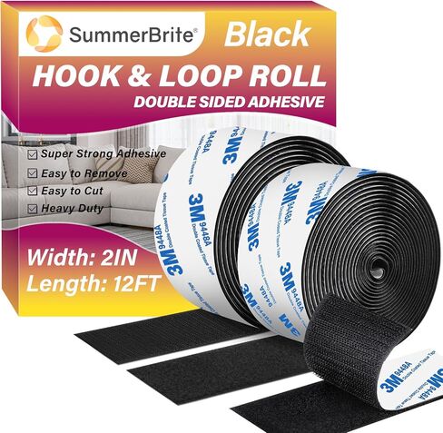شريط لاصق فيلكرو بطول 30.48 سم × 5.08 سم، شرائط لاصقة شديدة التحمل على الوجهين، لفافة تثبيت خلفية لاصقة قوية، أدوات تثبيت شريط متشابكة قابلة للقطع للمنزل والمكتب والسيارة والمدرسة والحرف اليدوية باللون الأسود in Kuwait