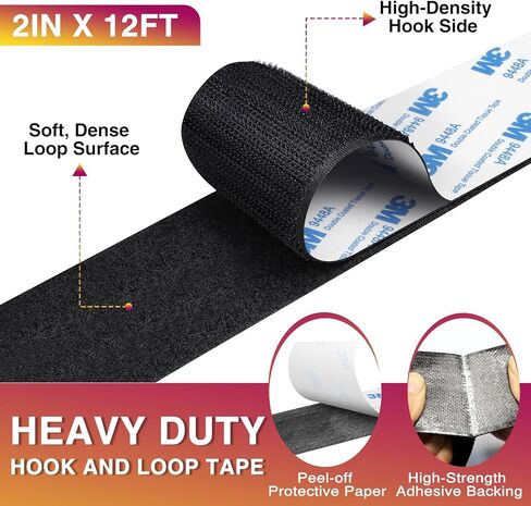شريط لاصق فيلكرو بطول 30.48 سم × 5.08 سم، شرائط لاصقة شديدة التحمل على الوجهين، لفافة تثبيت خلفية لاصقة قوية، أدوات تثبيت شريط متشابكة قابلة للقطع للمنزل والمكتب والسيارة والمدرسة والحرف اليدوية باللون الأسود in Kuwait