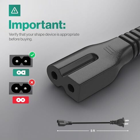 2 Prong Polarized 5Ft Power Cord C7 Connector AC Power Cable Replacement for Vizio D-E-M Series TV, Sewing Machine, PlayStation PS1/PS2, Sony, Bose, Brother, Singer in Kuwait