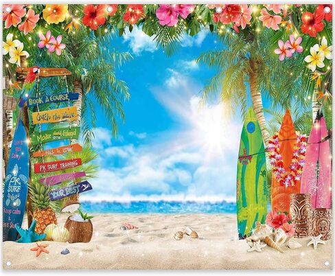 7x5ft Summer Hawaiian Beach Photography Tropical Luau Backdrop | Flower Palm Leaves Background, Aloha Party Supplies, Surfboard Banner, Holiday Photo Booth, Polyester, Grommets, 1PC in Saudi Arabia
