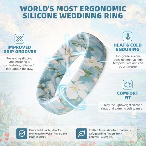 Egnaro Women's Silicone Statement Rings, 5.2mm Wide 2mm Thick Rubber Printed Floral Wedding Bands For Her Size 4-12 in Kuwait