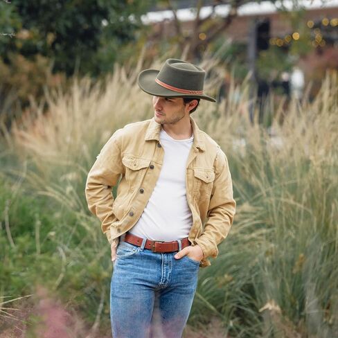 Gambler Porkpie Hat Wool Felt Cowboy Fedora for Men Women Crushable Genuine Leather with Rivets | Outback in Saudi Arabia