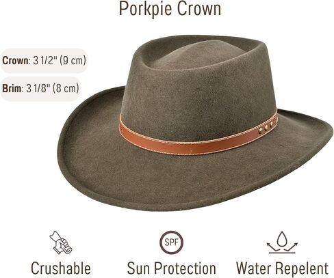 Gambler Porkpie Hat Wool Felt Cowboy Fedora for Men Women Crushable Genuine Leather with Rivets | Outback in Saudi Arabia
