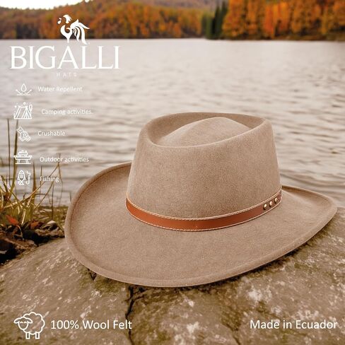 Gambler Porkpie Hat Wool Felt Cowboy Fedora for Men Women Crushable Genuine Leather with Rivets | Outback in Saudi Arabia