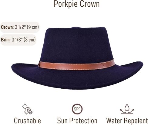 Gambler Porkpie Hat Wool Felt Cowboy Fedora for Men Women Crushable Genuine Leather with Rivets | Outback in Saudi Arabia