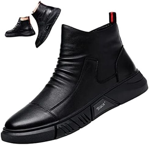 Keilinia Men Black Italian High-Top Throp Leather Boots ، 2022 Fall New Round Toe Toe مقاوم للماء الجوارب الممتصة in Kuwait