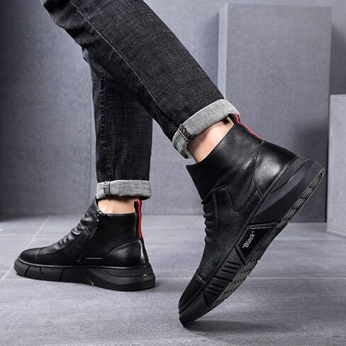 Keilinia Men Black Italian High-Top Throp Leather Boots ، 2022 Fall New Round Toe Toe مقاوم للماء الجوارب الممتصة in Kuwait