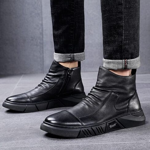 Keilinia Men Black Italian High-Top Throp Leather Boots ، 2022 Fall New Round Toe Toe مقاوم للماء الجوارب الممتصة in Kuwait