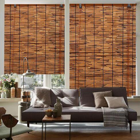 2 Pack Bamboo Reed Roll-Up Blind Shades for Windows, 47" W x 71" H Bamboo Shade Outdoor Patio, Natural Reed Roller Shutters for Porch Pergola Partition Decoration Privacy Retro Curtains in Saudi Arabia