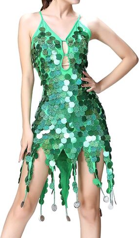 Iwemek Women Sequin Tassel Dance Dance Dress Tango Salsa Rumba Ballroom Caseume Coot Cocktail Party Flagper Dress in Kuwait
