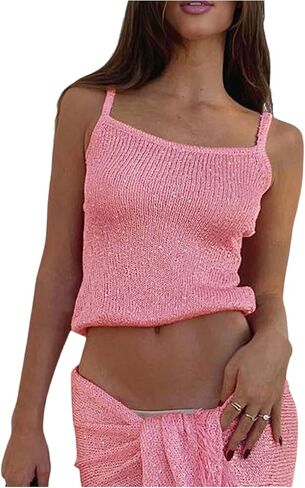 Shenhe Women's Y2K Sparkly Tank Top Crochet Crochet Treadlessed Sequin Beach Cover Up Crop Top Rave in Kuwait
