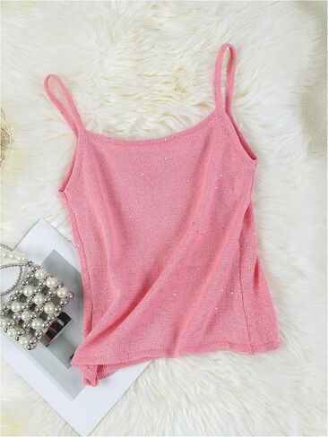 Shenhe Women's Y2K Sparkly Tank Top Crochet Crochet Treadlessed Sequin Beach Cover Up Crop Top Rave in Kuwait