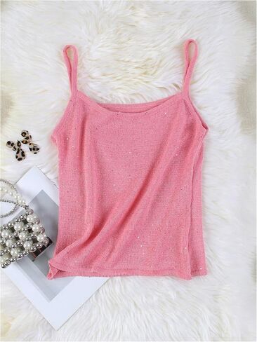 Shenhe Women's Y2K Sparkly Tank Top Crochet Crochet Treadlessed Sequin Beach Cover Up Crop Top Rave in Kuwait