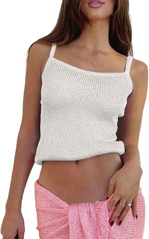Shenhe Women's Y2K Sparkly Tank Top Crochet Crochet Treadlessed Sequin Beach Cover Up Crop Top Rave in Kuwait