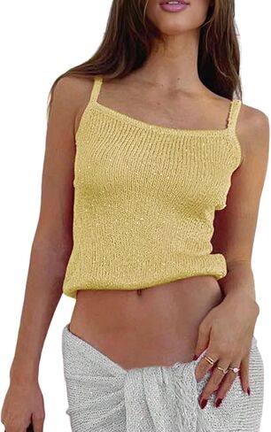 Shenhe Women's Y2K Sparkly Tank Top Crochet Crochet Treadlessed Sequin Beach Cover Up Crop Top Rave in Kuwait