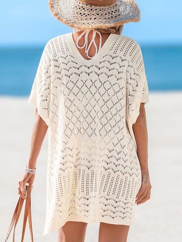 CUPSHE Women Crochet Swim Coverup V Neck Hollow Out Casual Loose Beach Coverup Dress in Saudi Arabia
