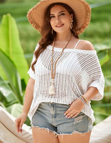 Alsol Lamesa Women's Plus Corchet Tops Short Sleeve Hollow Out فضفاضة مغرفة الشاطئ الكروشيه in Kuwait