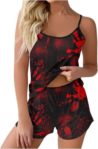 Bloody Pajamas Halloween Outfits For Women 2 Piece Sets Holiday Pjs Camisole Tank Tops And Shorts Funny Sleepwear in Saudi Arabia