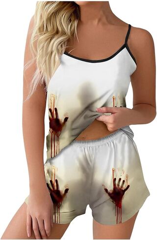 Bloody Pajamas Halloween Outfits For Women 2 Piece Sets Holiday Pjs Camisole Tank Tops And Shorts Funny Sleepwear in Saudi Arabia