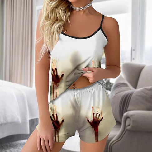 Bloody Pajamas Halloween Outfits For Women 2 Piece Sets Holiday Pjs Camisole Tank Tops And Shorts Funny Sleepwear in Saudi Arabia