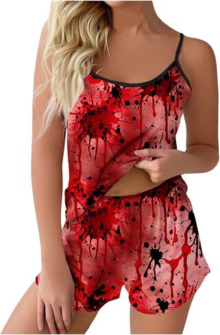 Bloody Pajamas Halloween Outfits For Women 2 Piece Sets Holiday Pjs Camisole Tank Tops And Shorts Funny Sleepwear in Saudi Arabia