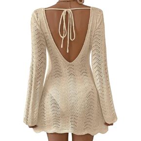 Womens Swimsuit Cover Up Long Sleeve Crochet Bathing Suit Mesh Backless Cover Ups Summer Beach Vacation Outfits 2025 in Saudi Arabia