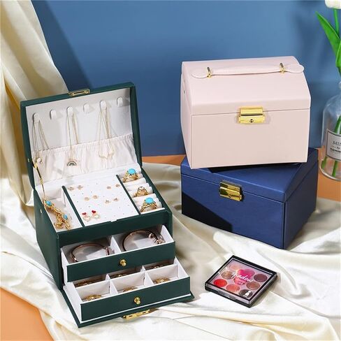 3-Layer Multi-Fution PU Travel Portable Locked Jewelry Storage Box Ring Earring Necklace Organizer Case Accessories in Saudi Arabia