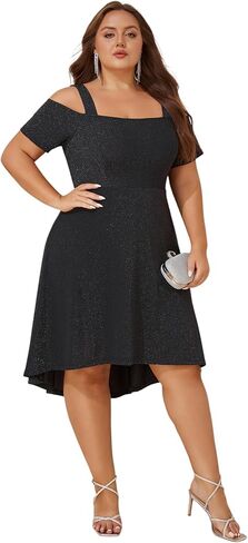 ZNU Women’s Plus Size Cocktail Dresses - 2025 Summer Elegant Glitter Cold Shoulder Evening Party Dress A-Line Midi Dress in Saudi Arabia