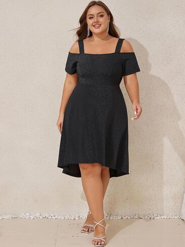 ZNU Women’s Plus Size Cocktail Dresses - 2025 Summer Elegant Glitter Cold Shoulder Evening Party Dress A-Line Midi Dress in Saudi Arabia