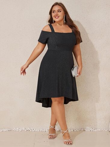 ZNU Women’s Plus Size Cocktail Dresses - 2025 Summer Elegant Glitter Cold Shoulder Evening Party Dress A-Line Midi Dress in Saudi Arabia