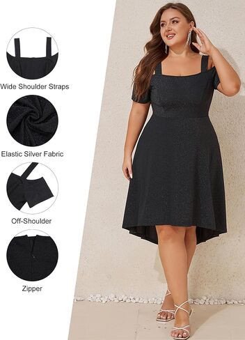 ZNU Women’s Plus Size Cocktail Dresses - 2025 Summer Elegant Glitter Cold Shoulder Evening Party Dress A-Line Midi Dress in Saudi Arabia