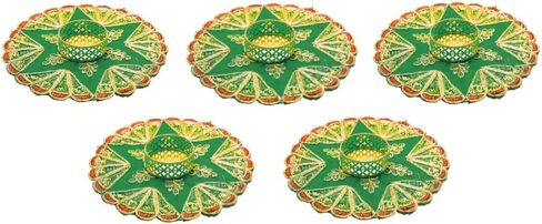 Set of 5 Decorative Mat Rangoli with T-Light Candle Holder Stand for Indian Traditional Festival Decorations (Red,Yellow,Orange,Green, Pink) Made up of Golden Embrodaries for Gifting Idea(Size:-6") in Saudi Arabia