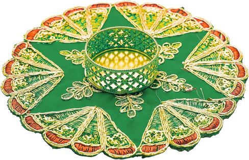 Set of 5 Decorative Mat Rangoli with T-Light Candle Holder Stand for Indian Traditional Festival Decorations (Red,Yellow,Orange,Green, Pink) Made up of Golden Embrodaries for Gifting Idea(Size:-6") in Saudi Arabia