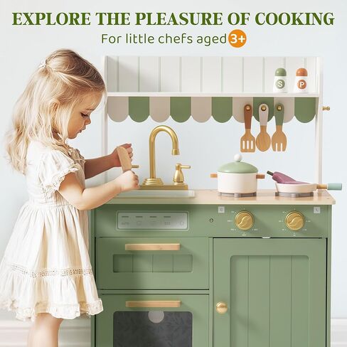 ROBUD Play Kitchen, Wooden Kids Kitchen Playset for Kids with Realistic Design, Sink, Oven, Stove, Cabinet, American Vintage Style, Age 3+ in Kuwait