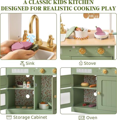 ROBUD Play Kitchen, Wooden Kids Kitchen Playset for Kids with Realistic Design, Sink, Oven, Stove, Cabinet, American Vintage Style, Age 3+ in Kuwait