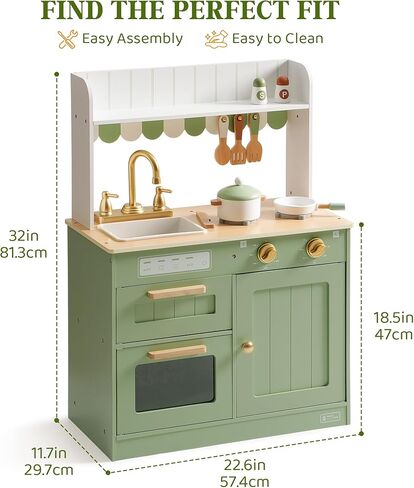 ROBUD Play Kitchen, Wooden Kids Kitchen Playset for Kids with Realistic Design, Sink, Oven, Stove, Cabinet, American Vintage Style, Age 3+ in Kuwait
