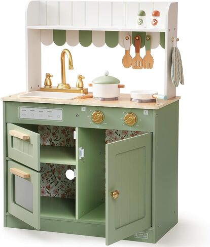 ROBUD Play Kitchen, Wooden Kids Kitchen Playset for Kids with Realistic Design, Sink, Oven, Stove, Cabinet, American Vintage Style, Age 3+ in Kuwait