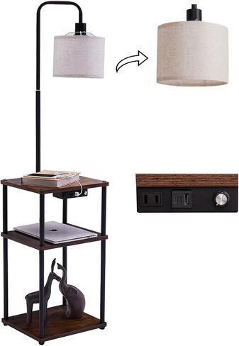 Floor Lamp with Table, Lamps for Living Room with Charging Station(USB &Type-C &AC Port), Rustic End Table Lamp with Shelves & 3-Color Temperature LED Bulb, Lamp Table for Living Room, Bedroom in Saudi Arabia