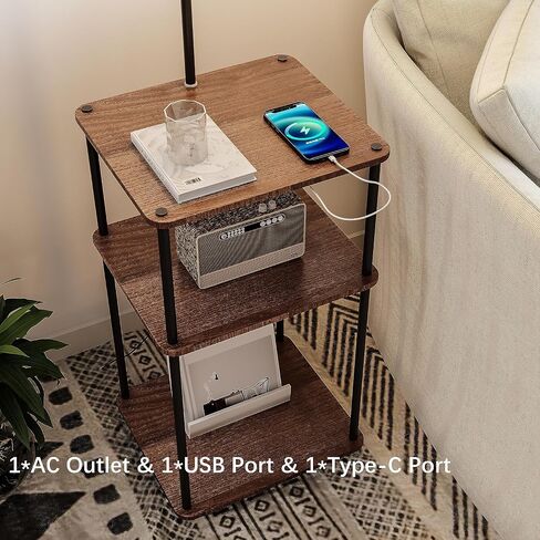 Floor Lamp with Table, Lamps for Living Room with Charging Station(USB &Type-C &AC Port), Rustic End Table Lamp with Shelves & 3-Color Temperature LED Bulb, Lamp Table for Living Room, Bedroom in Saudi Arabia