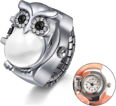 JewelryWe Women Men Finger Watch Stylish Owl Flip-Open Cover Quartz Analog Ring Watches, Adjustable Size, in Saudi Arabia