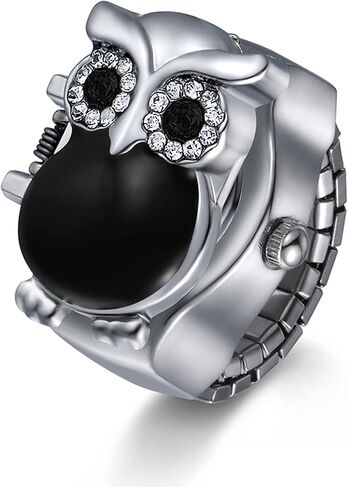 JewelryWe Women Men Finger Watch Stylish Owl Flip-Open Cover Quartz Analog Ring Watches, Adjustable Size, in Saudi Arabia