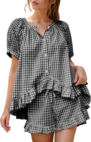 Flygo Womens Gingham Pajamas مجموعة 2 قطعة من القطن PJ صالة مجموعات نفخة الأكمام الكشكش قميص القميص in Saudi Arabia