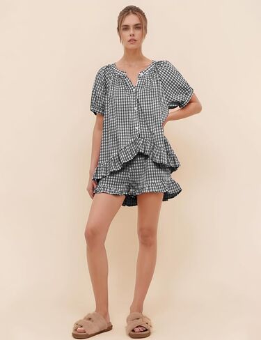 Flygo Womens Gingham Pajamas مجموعة 2 قطعة من القطن PJ صالة مجموعات نفخة الأكمام الكشكش قميص القميص in Saudi Arabia